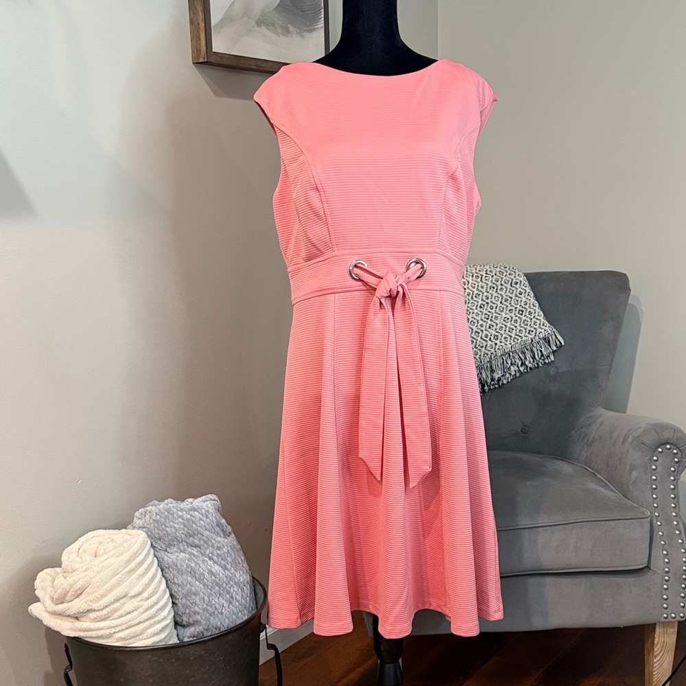 London Times Pink Midi Dress with Tie Waist